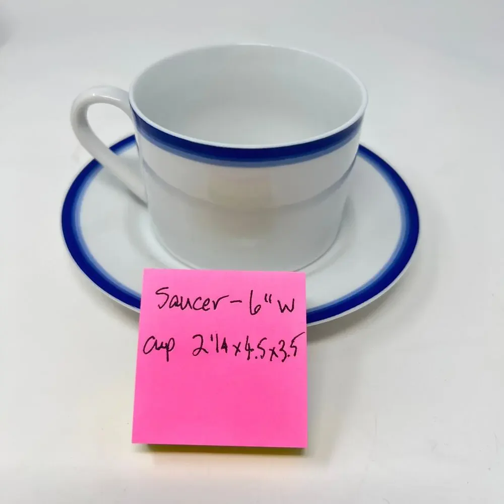 Crate and Barrel CBL16 Flat Cup Saucer Set of 8 Blue Rim White Porcelain Vintage